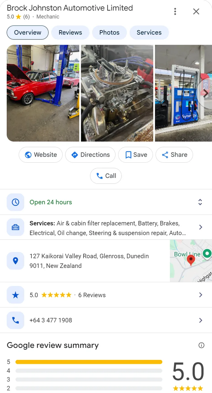 Brock Johnston Automotive Google profile showing open 24 hours and a 5.0 rating from 6 reviews