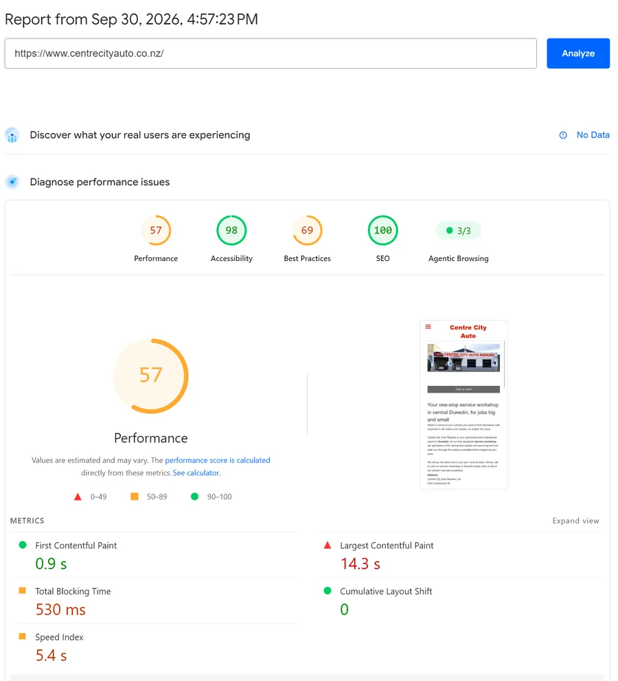 PageSpeed Insights mobile report with a performance score of 57 and a 14.3 second largest contentful paint