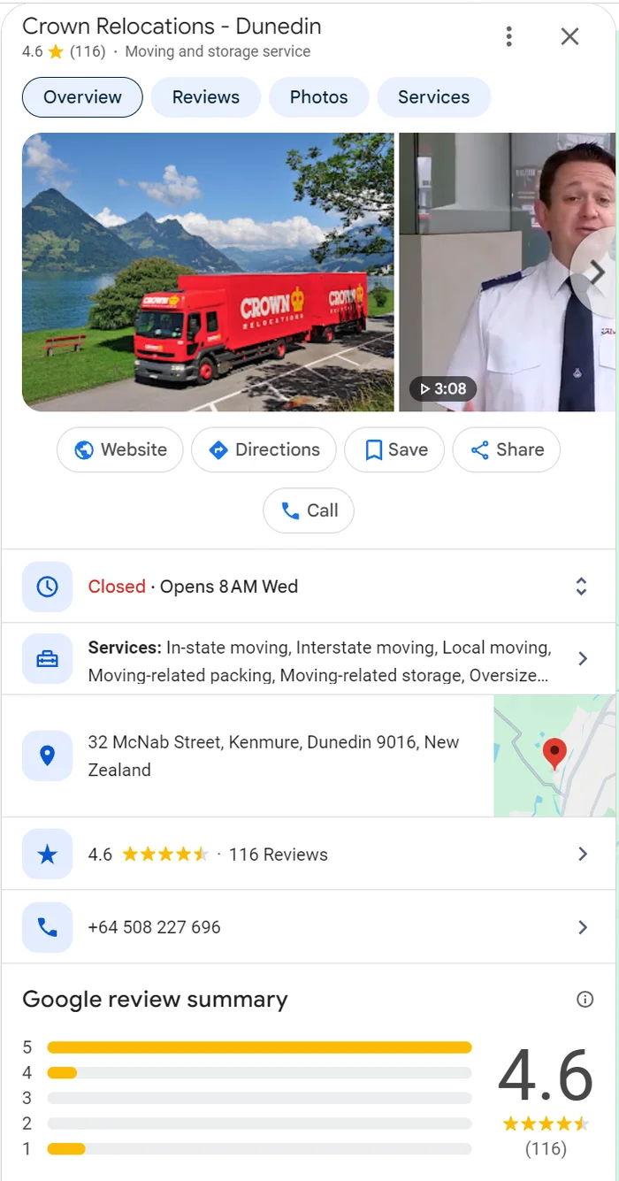 Crown Relocations Dunedin Google profile with 116 reviews, services list and a team video