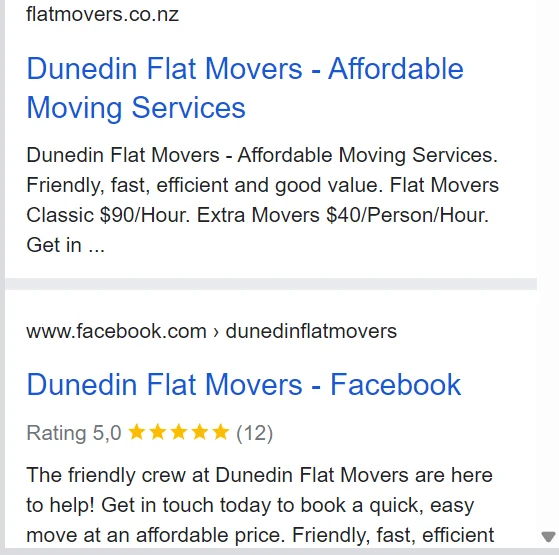 Dunedin Flat Movers search result showing hourly moving rates directly in Google