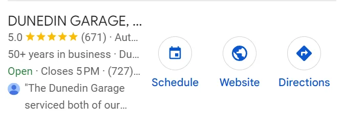 A garage from Dunedin Florida with 671 reviews shown in Google results for mechanics in Dunedin New Zealand