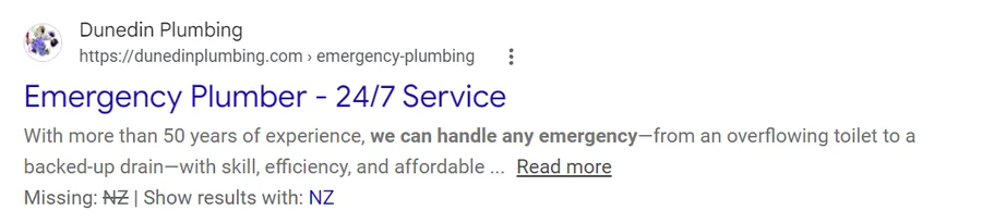 A Dunedin Florida plumbing company appearing in New Zealand Google results with a Missing NZ note