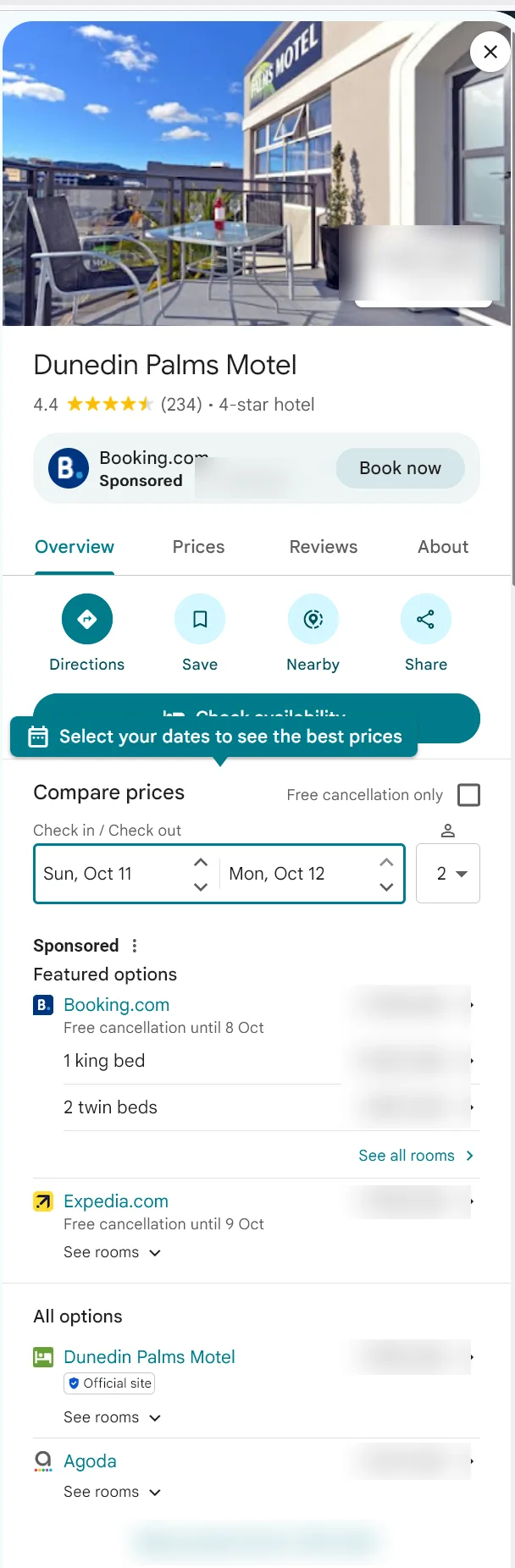 Google Hotels price comparison for Dunedin Palms Motel with a sponsored Booking.com row above the motel's Official site link