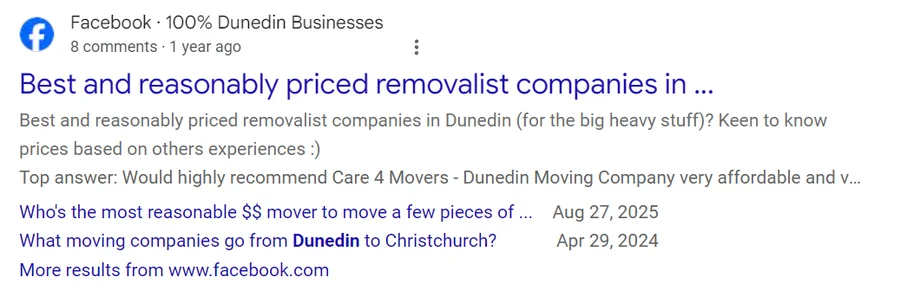 A Dunedin Facebook group discussion about the best removalist companies shown in Google search results