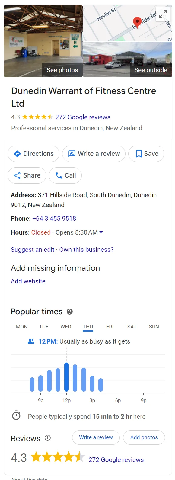 Google business panel for a Dunedin WOF centre with 272 reviews, no website and an Own this business link