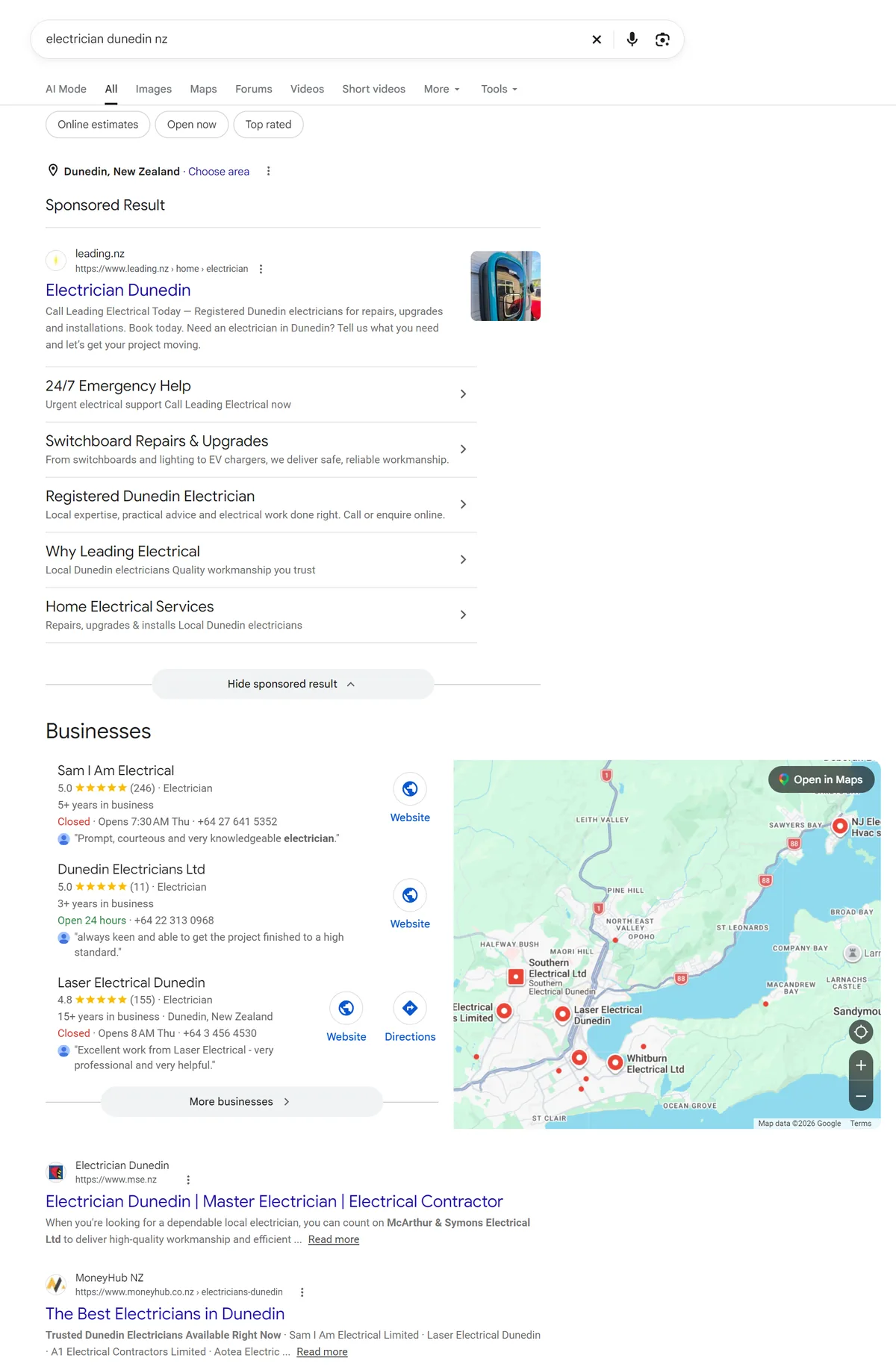 Google results for electrician dunedin nz with a local electrician's ad, the Maps three and organic results