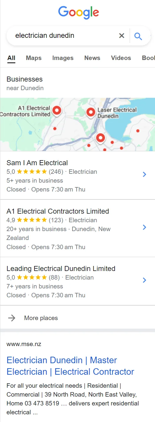 Mobile Google results for electrician dunedin showing three local electricians with ratings and hours