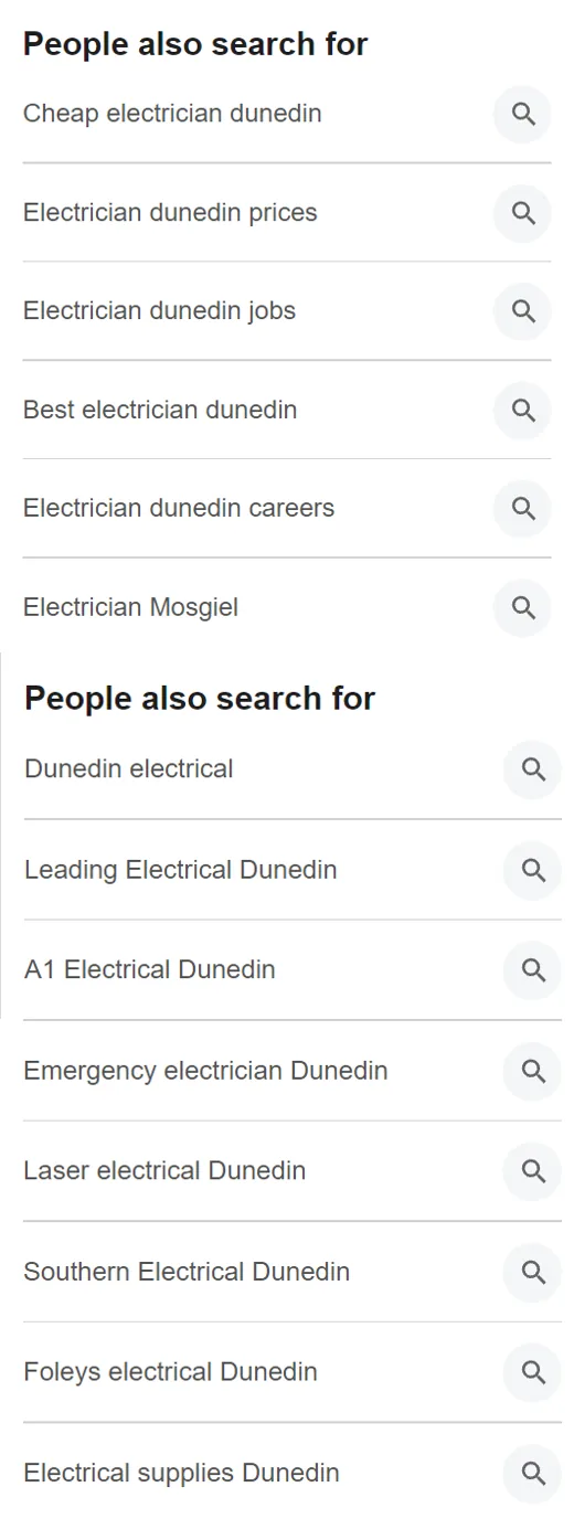 Google People also search for suggestions for electricians in Dunedin including prices, Mosgiel and local firm names