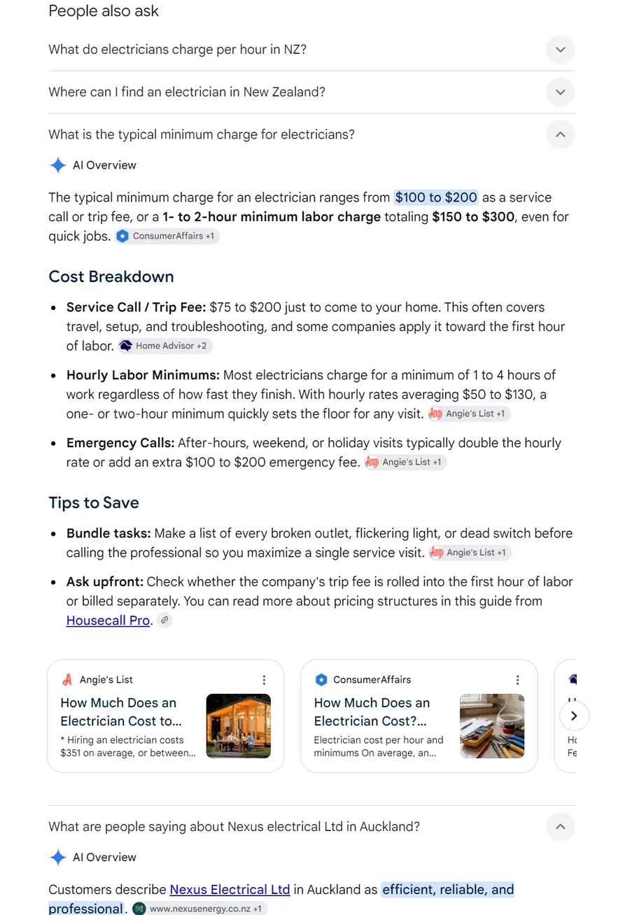 Google People also ask answers about electrician minimum charges citing American websites