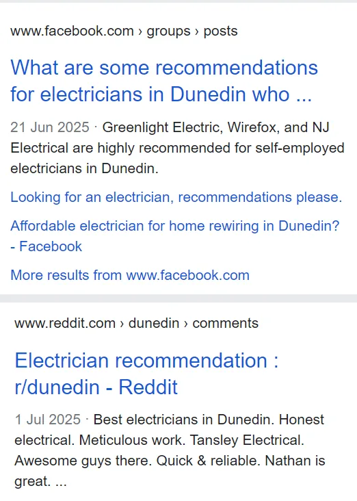 Google results showing a Facebook group thread and a Reddit thread recommending electricians in Dunedin