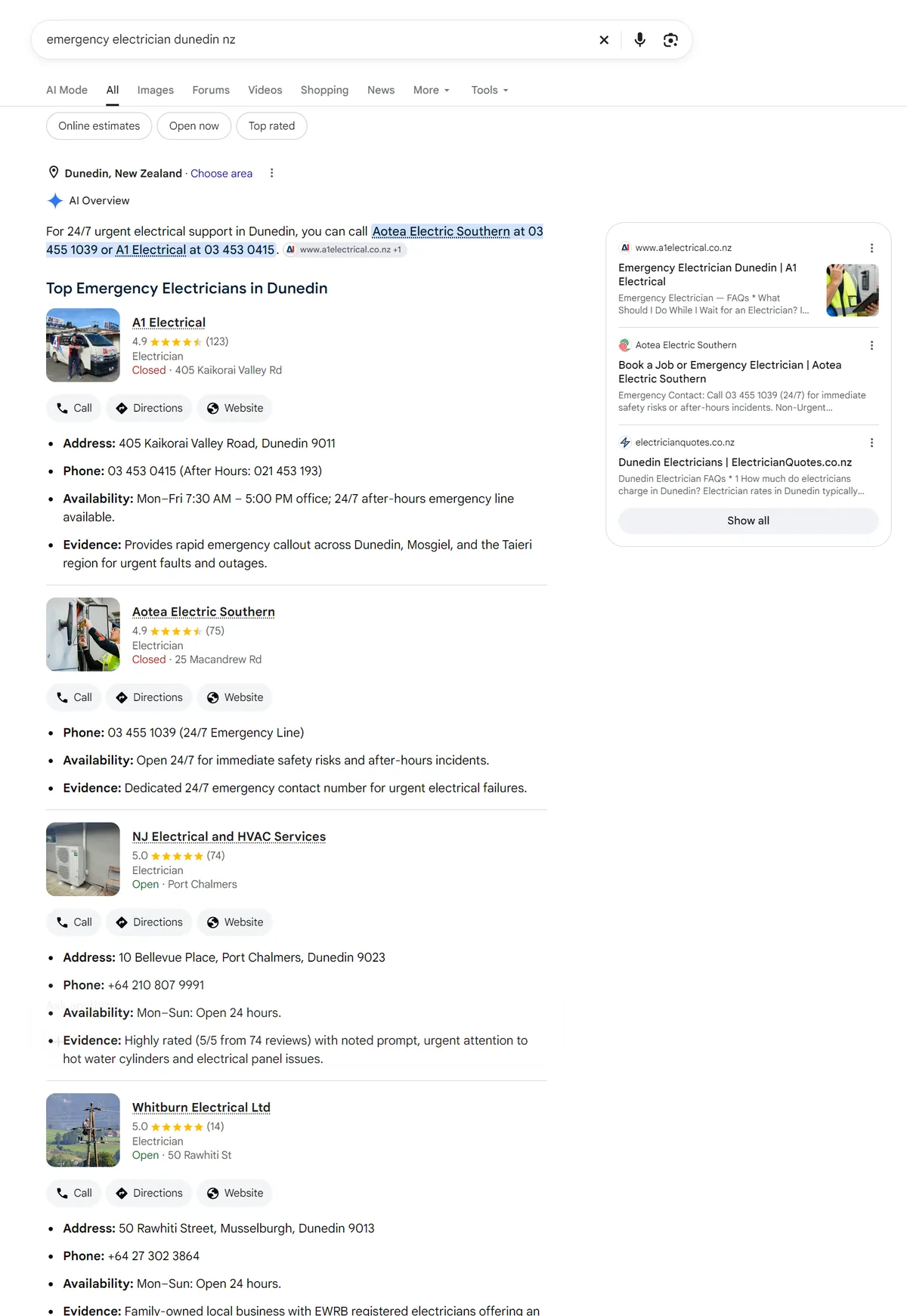 Google AI Overview for emergency electrician dunedin nz naming local electricians with phone numbers and evidence lines