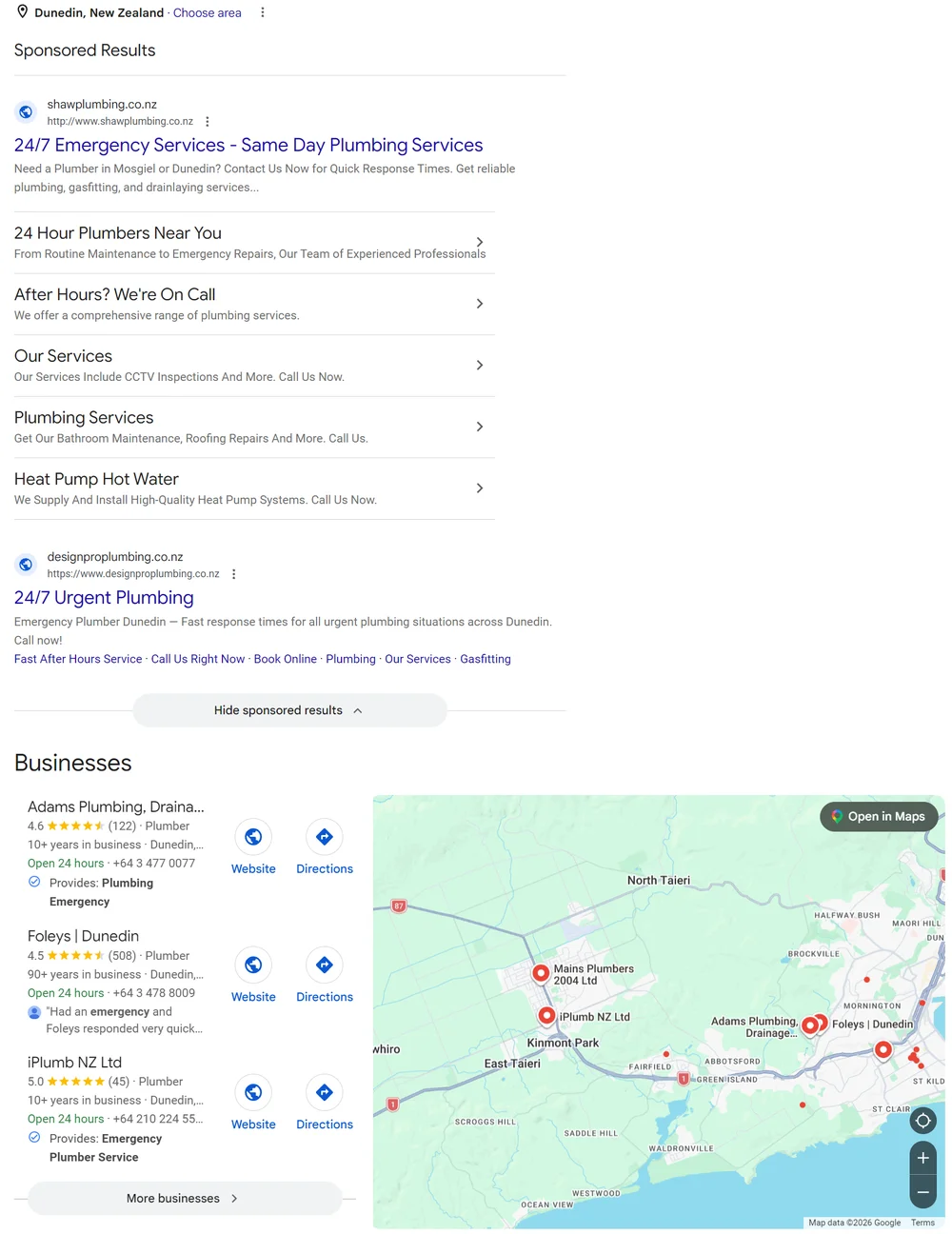 Google results for emergency plumber Dunedin NZ with plumbers' ads and local listings showing Open 24 hours and emergency services