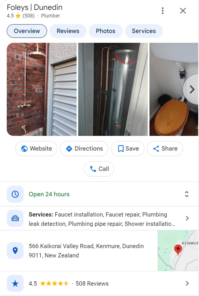 Foleys Dunedin Google profile with 508 reviews, open 24 hours and a detailed services list