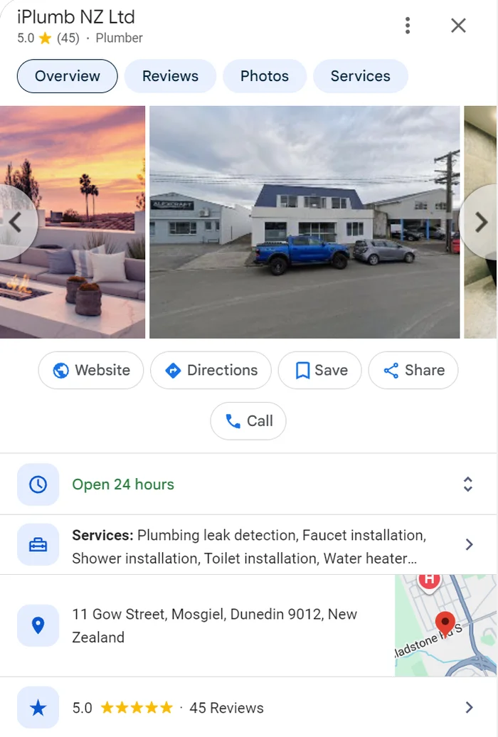 iPlump NZ Google profile in Mosgiel with a 5.0 rating from 45 reviews and open 24 hours