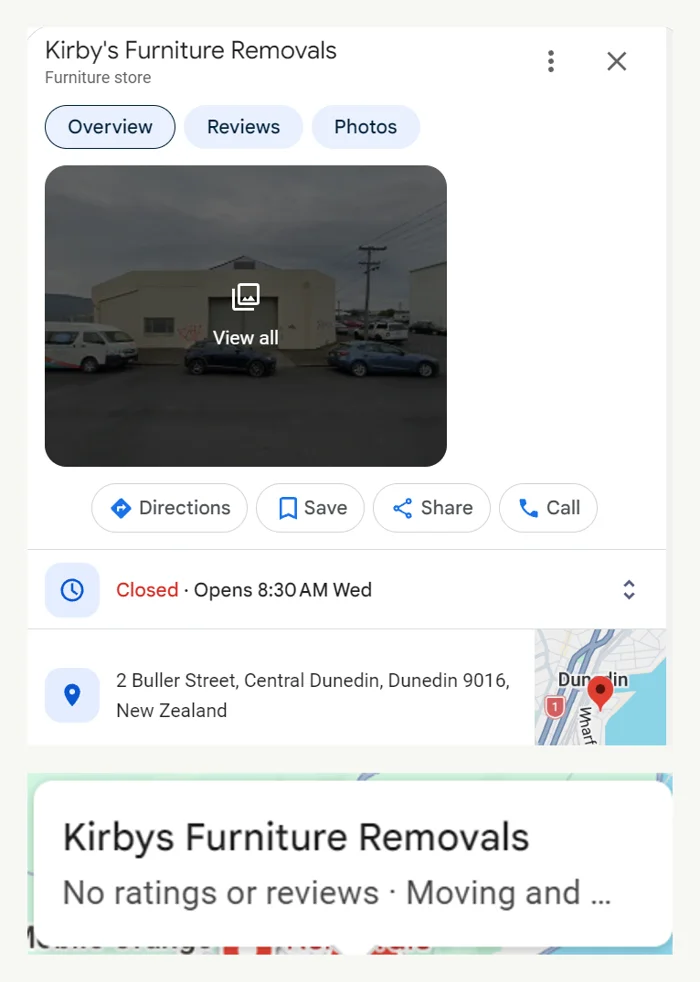 Google profile of a Dunedin removal firm categorised as a furniture store, next to a second listing with no reviews