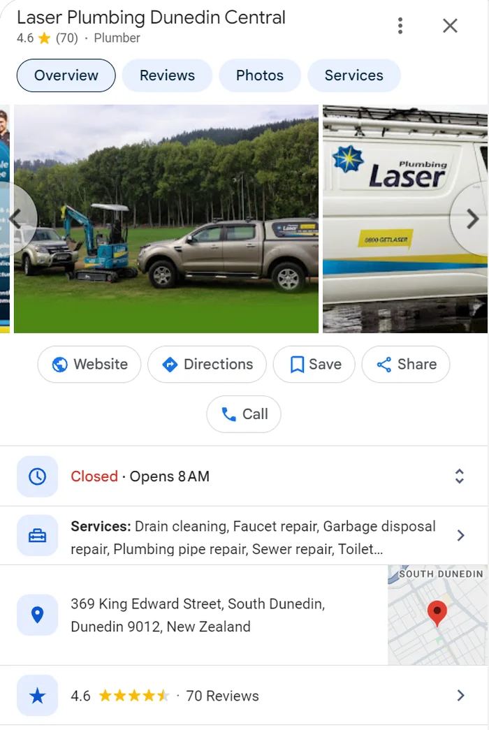 Laser Plumbing Dunedin Central Google profile with 70 reviews and branded vans