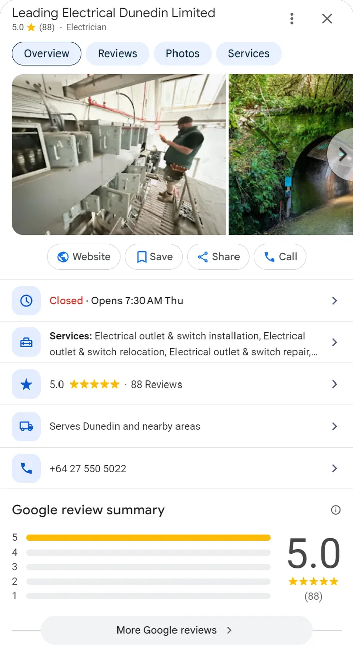 Leading Electrical Dunedin Google profile with a 5.0 rating from 88 reviews and a services list