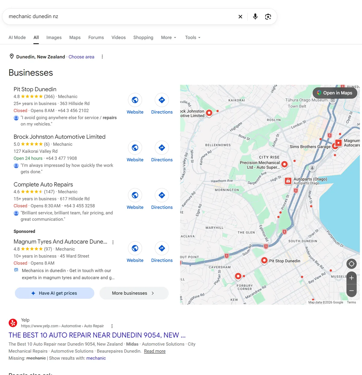 Google results for mechanic dunedin nz with the Maps top three, a sponsored garage and a Have AI get prices button