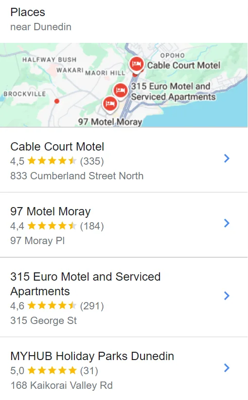 Google Maps top three for motels Dunedin on mobile: Cable Court Motel, 97 Motel Moray and 315 Euro Motel