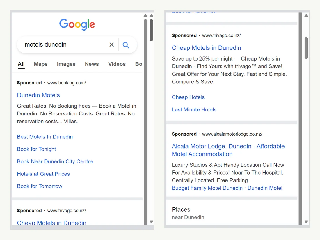 Mobile Google results for motels Dunedin with sponsored ads from Booking.com and trivago at the top