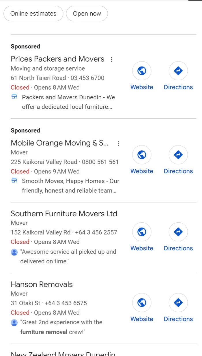 Google local results for furniture removals in Dunedin with the Online estimates filter and sponsored listings