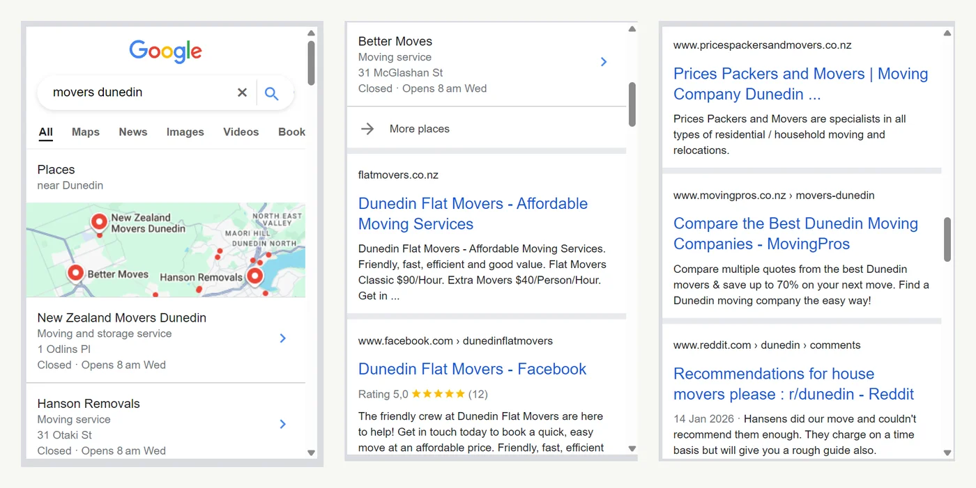 Mobile Google results for movers Dunedin showing the local map, a mover's prices in the snippet and moving marketplaces