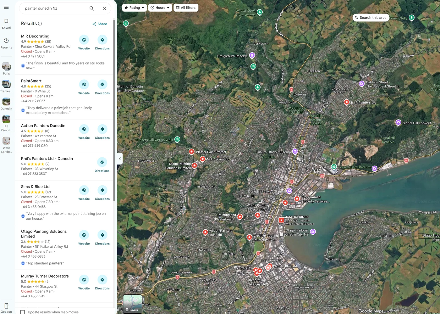 Google Maps results for painter Dunedin NZ with ratings, review counts and review snippets
