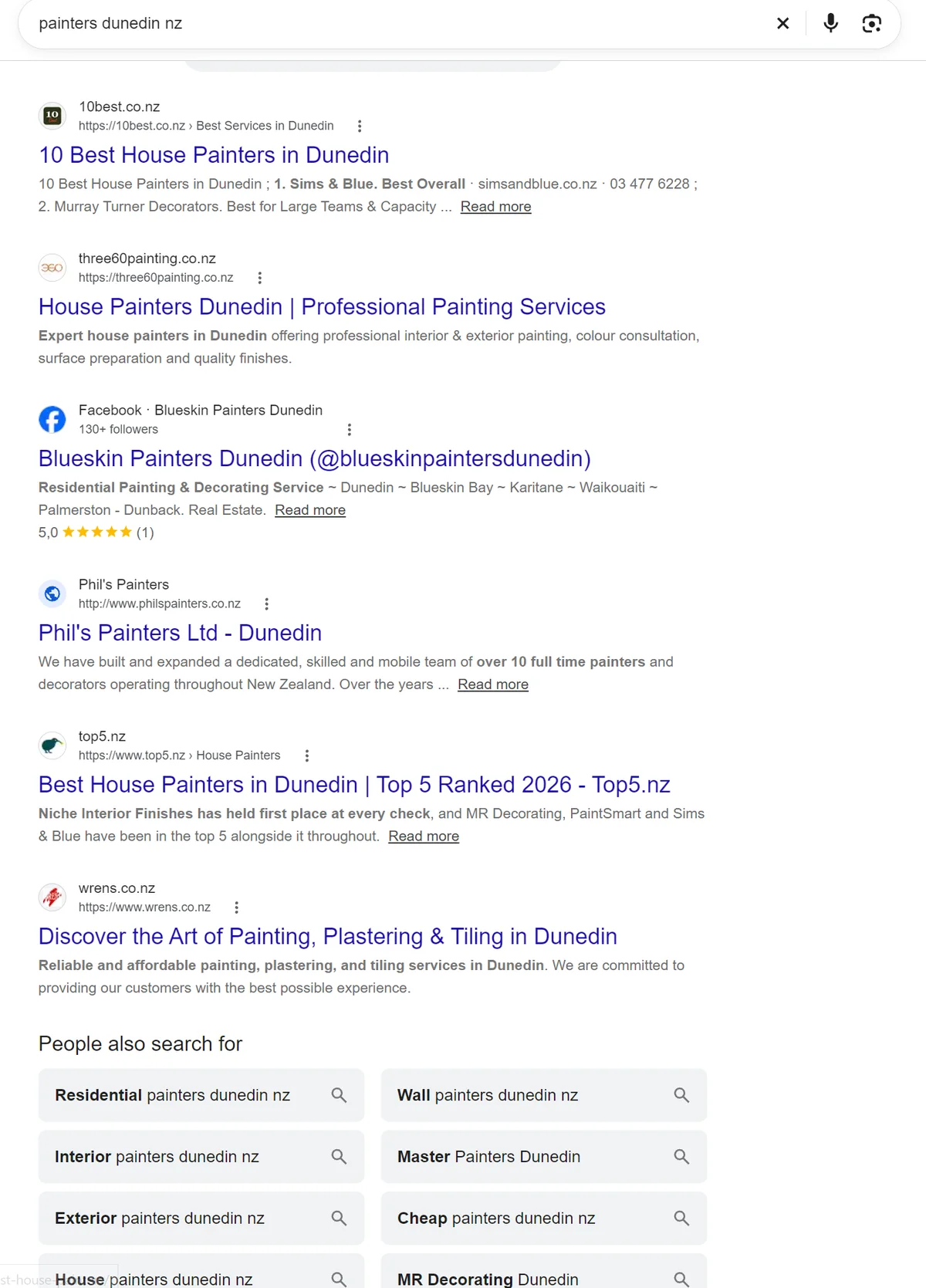 Google organic results for painters Dunedin NZ showing local painter websites, ranking sites and a Facebook page