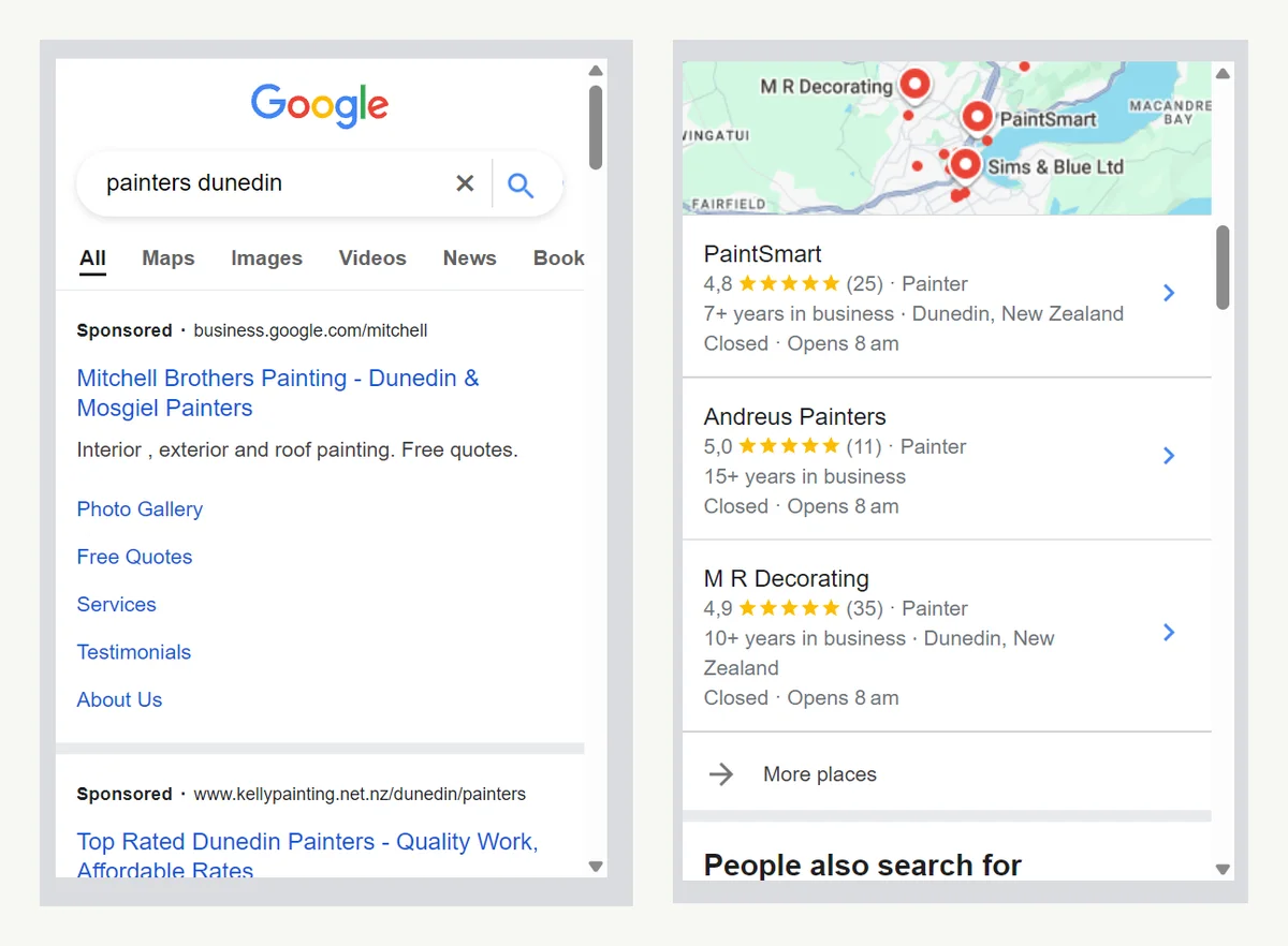 Mobile Google results for painters in Dunedin: two sponsored ads followed by the Google Maps top three