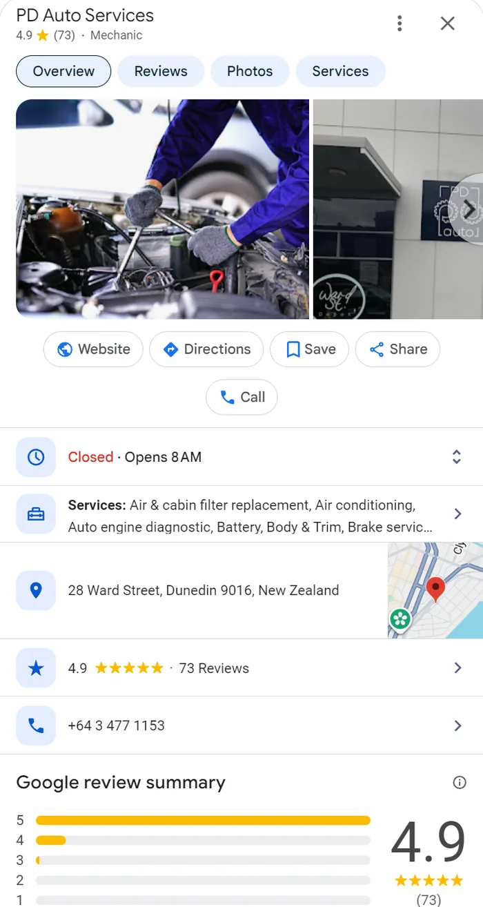 PD Auto Services Google profile on Ward Street with a 4.9 rating from 73 reviews