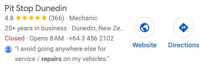 Pit Stop Dunedin Google listing with a 4.8 rating from 366 reviews
