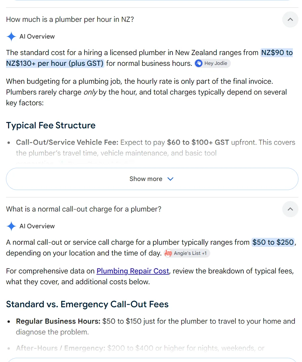 Google AI Overview answers about plumber hourly rates and call-out charges in New Zealand citing non-Dunedin sources