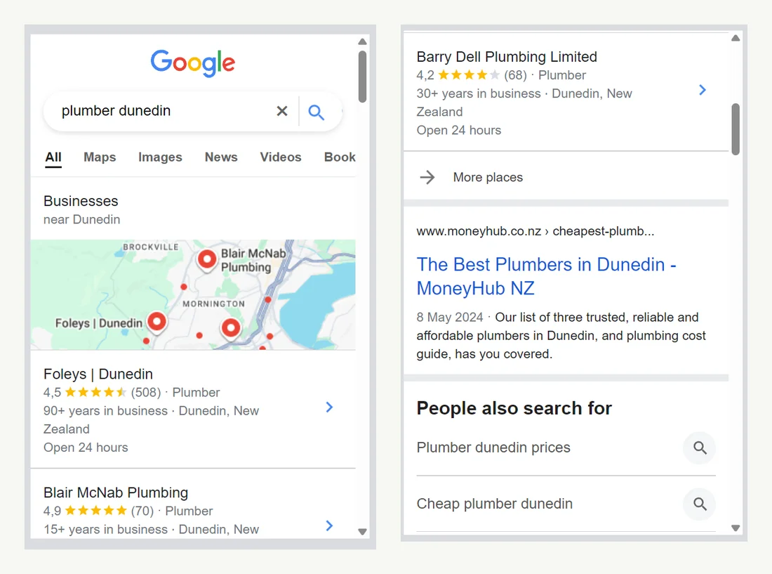 Mobile Google results for plumber Dunedin showing the map and local plumbers with ratings and 24-hour hours
