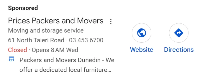 Sponsored Google local listing for Prices Packers and Movers in Dunedin