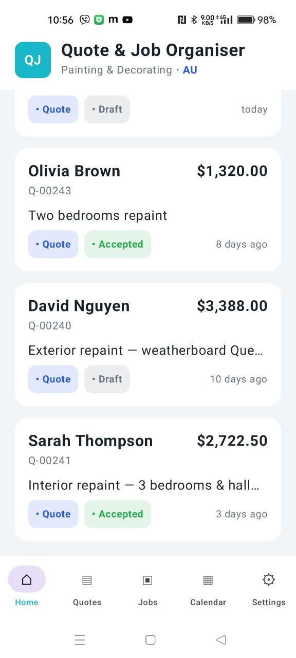 Recent quotes displayed on the app home screen