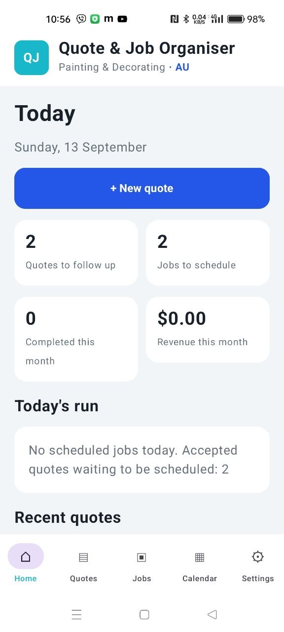 Quote & Job Organiser home dashboard