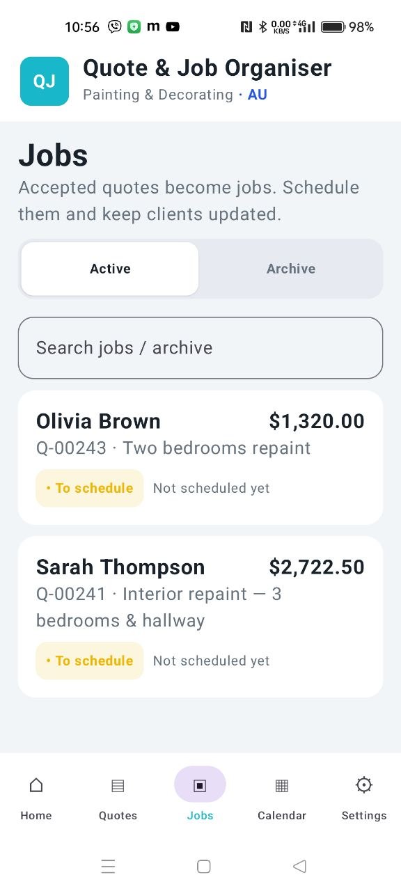 Active and archived jobs screen