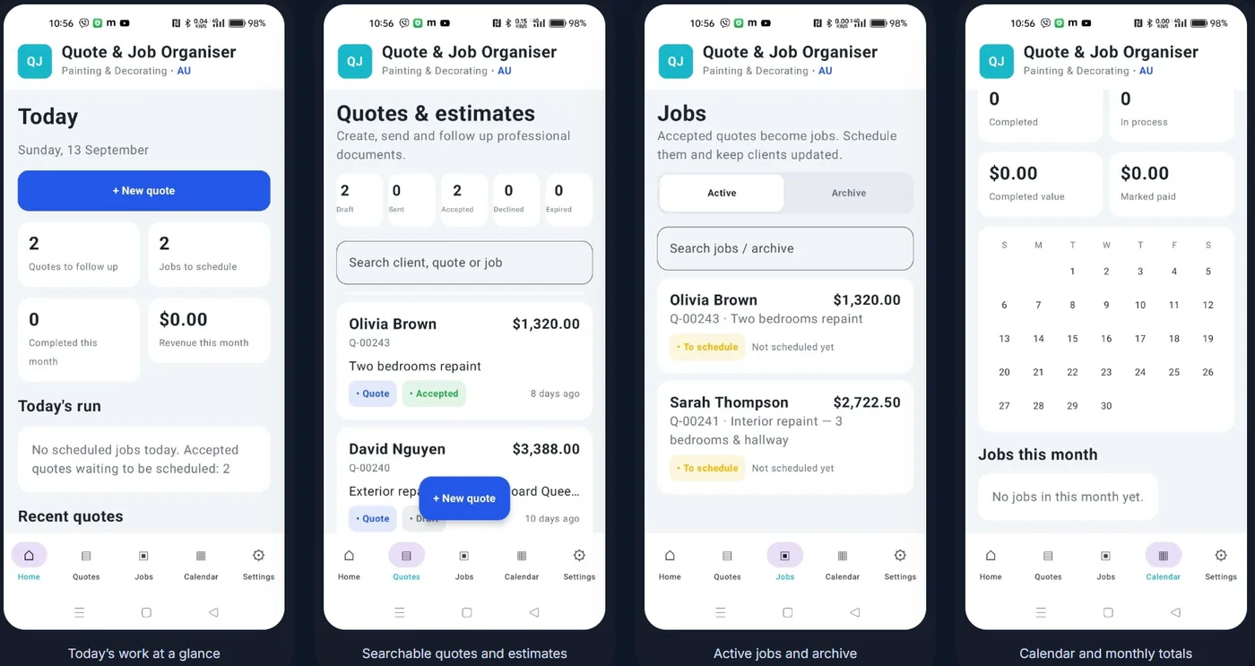 Quote and Job Organiser app screens for painting and decorating: today view, quotes, jobs and calendar