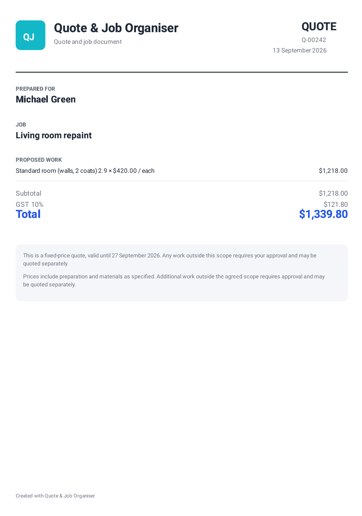 PDF quote created by Quote & Job Organiser