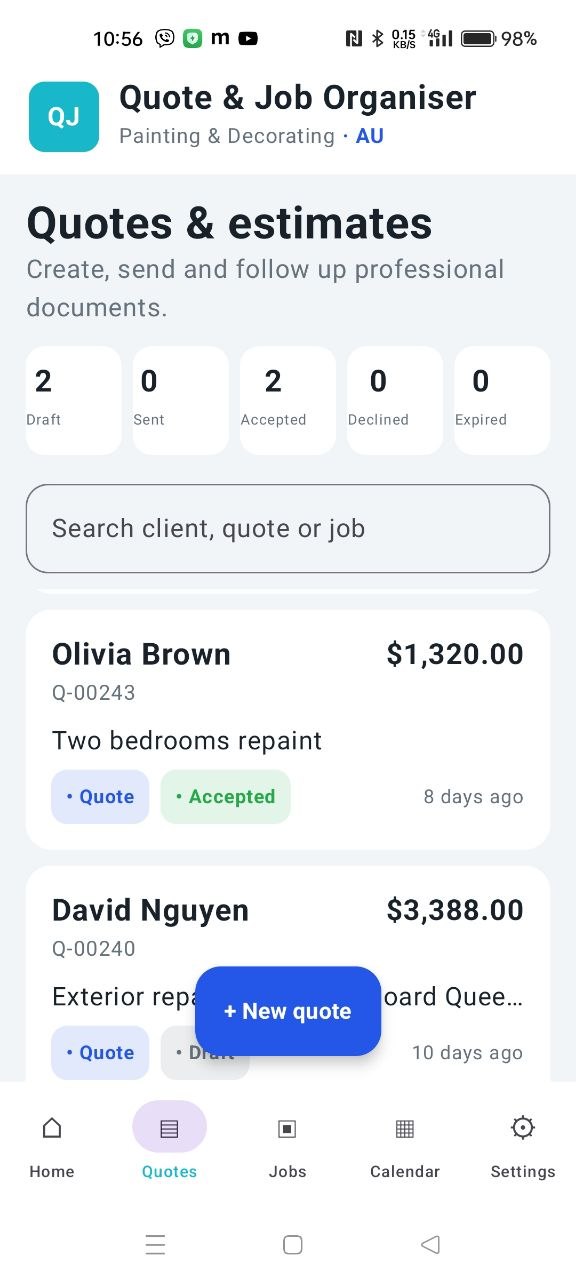 Quotes and estimates list in Quote & Job Organiser