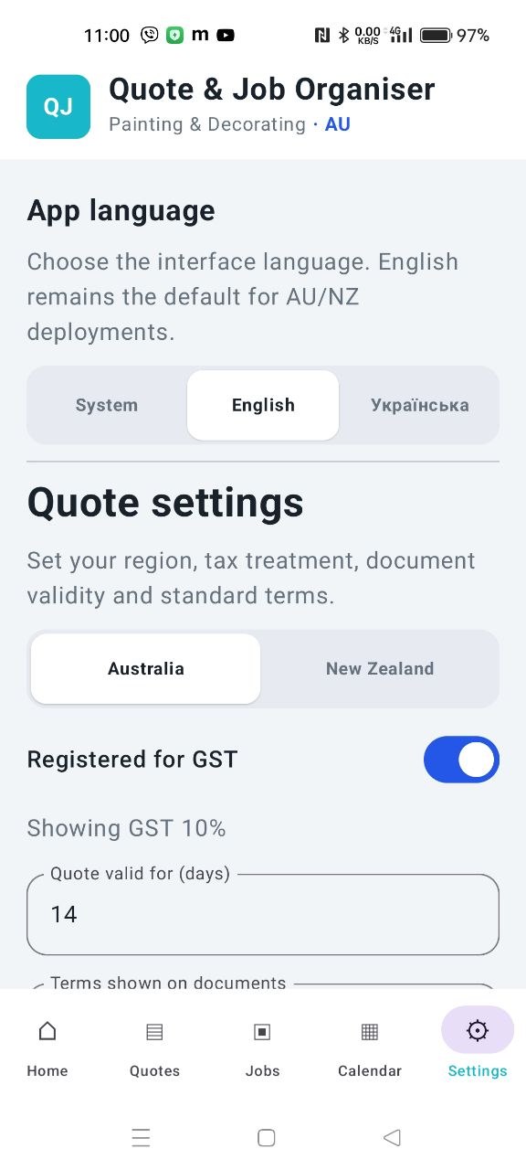 Regional GST and quote settings