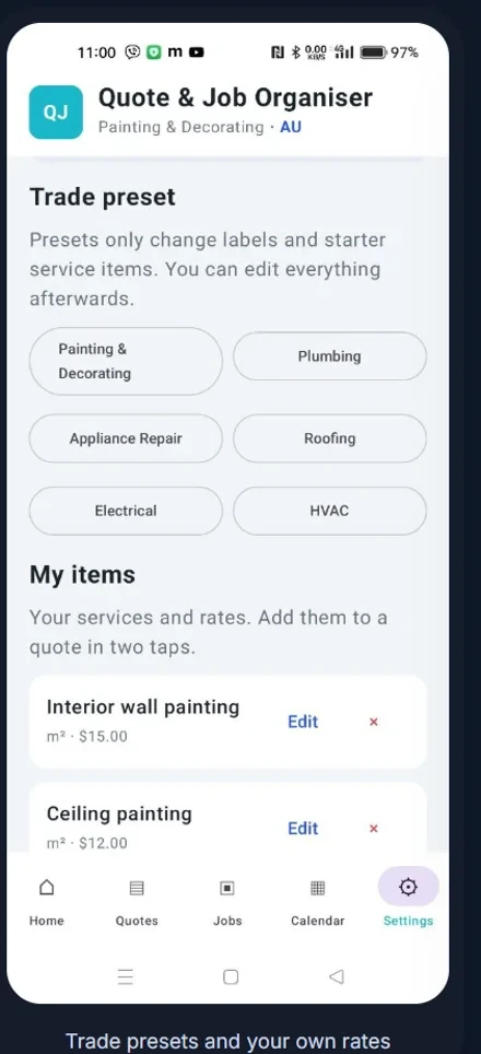 Quote and Job Organiser app settings screen with trade presets including Electrical