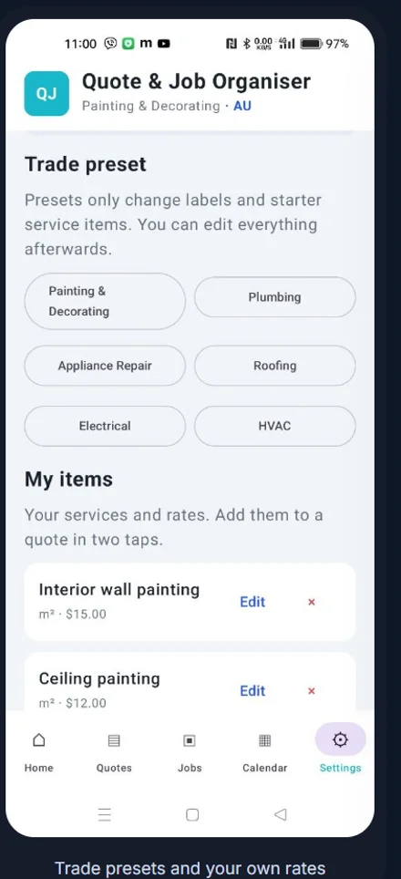 Quote and Job Organiser app settings screen with trade presets including Plumbing