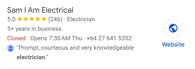 Sam I Am Electrical Google listing with a 5.0 rating from 246 reviews