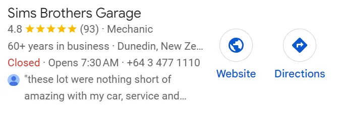 Sims Brothers Garage Google listing with a 4.8 rating from 93 reviews