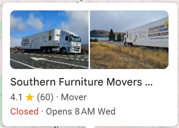 Southern Furniture Movers Dunedin Google listing with a 4.1 rating from 60 reviews and truck photos