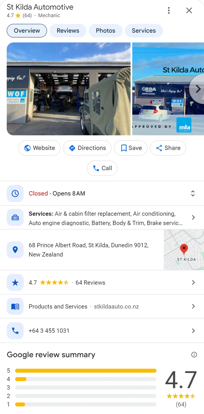 St Kilda Automotive Google profile with WOF and MTA signage in the photos