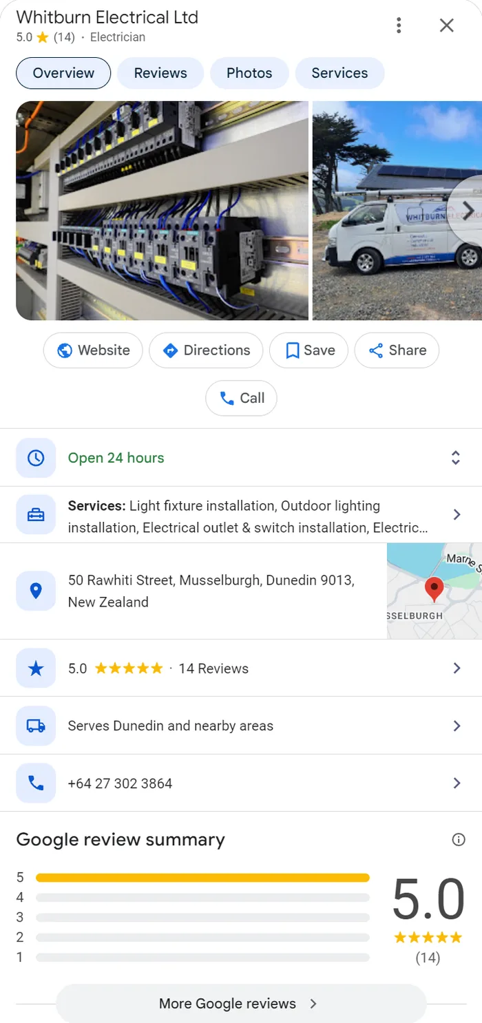 Whitburn Electrical Google profile in Musselburgh showing open 24 hours and a 5.0 rating