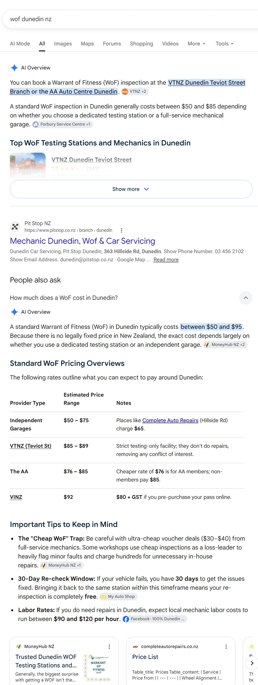 Google AI answer to how much a WoF costs in Dunedin quoting a local garage's price list