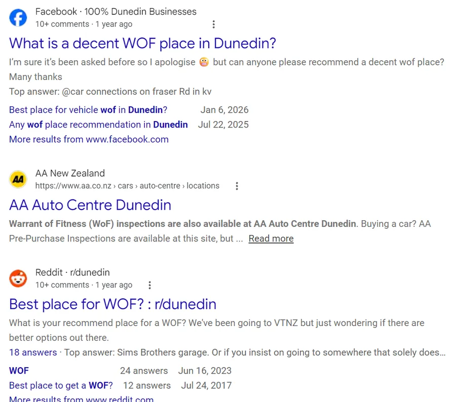 Facebook and Reddit threads recommending WOF places in Dunedin shown in Google results